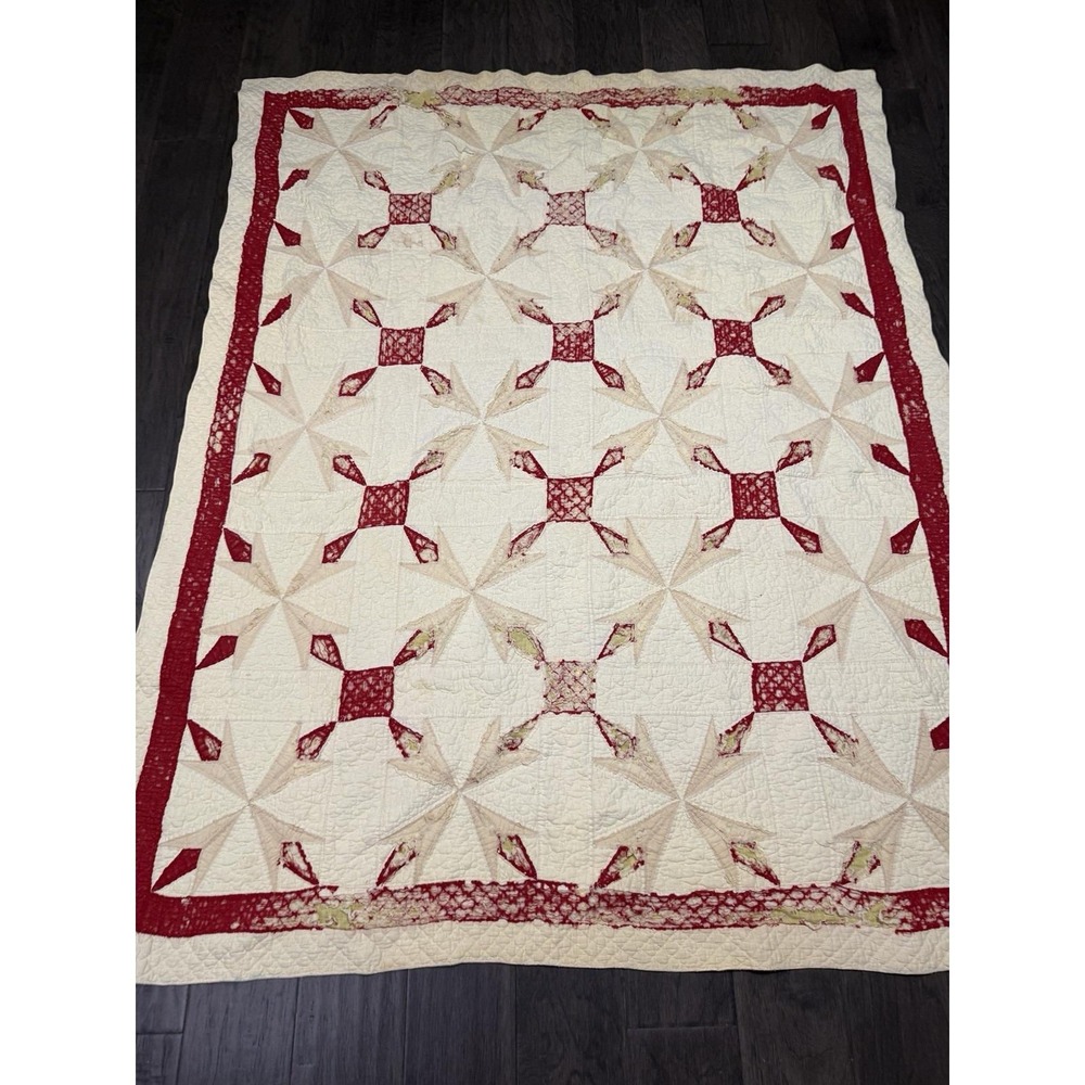 Antique Primitive Quilt Red Yellow White Farmhouse Americana Very Worn AS IS